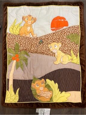 Vintage Disney Lion King Plush-Edged Baby Blanket in Brown, Orange, Yellow 4pc